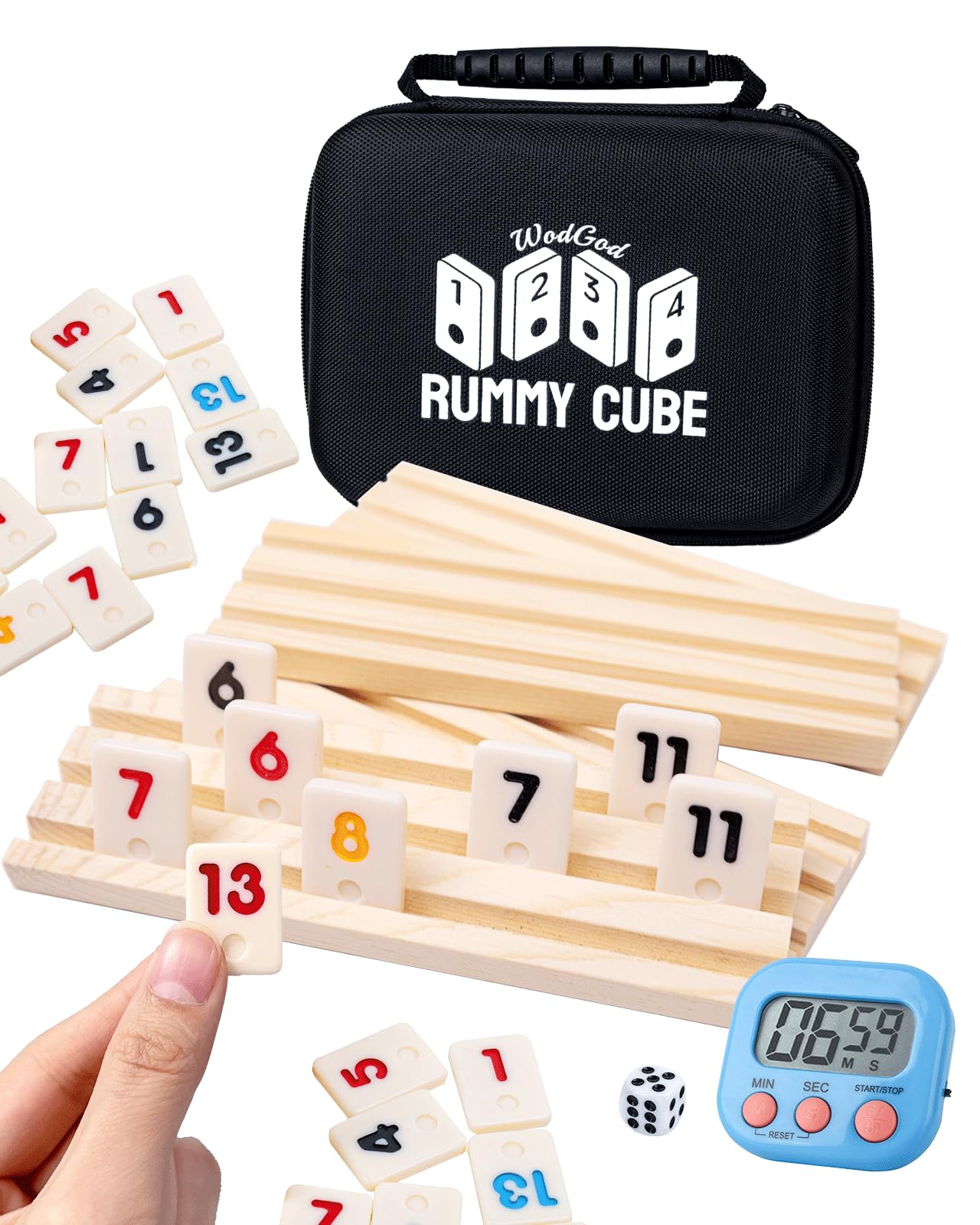 WodGod 4 Player Travel Rummy Cube Game Set, Travel Size Rummy Cube Game, Mini Rummy Cube Game with 106 Mini Tiles,4 Racks,1Timer,1 Portable Case for Family Classic Party Game