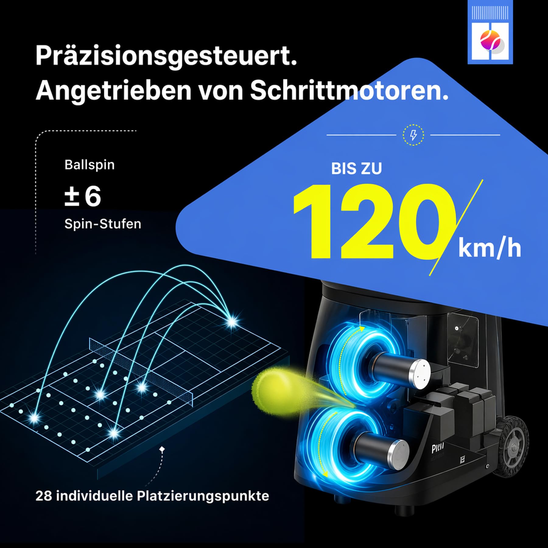 PUSUN PT-Smart Tennis & Padel Ballmaschine | App-Steuerung, 120 km/h, 14,8 kg, 5h Akku, 12 Modi, 6 Spin-Stufen, 28 Punkte, 100+ Bälle, Portabel für Training vom Anfänger bis Profi