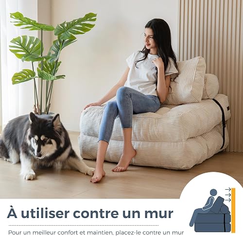 MAXYOYO Canapé-lit pliable et convertible avec oreiller, matelas avec support dorsal, fauteuil-lit portable et confortable pour salon, chambre à coucher, beige - 9
