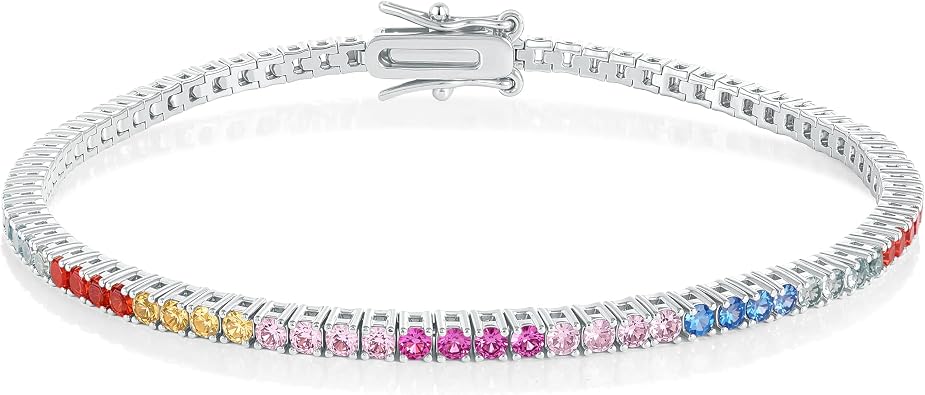 Gemsme 2.0MM Rainbow Tennis Bracelet for Women-18K White/Yellow Gold Plated Colorful Round Cubic Zirconia Bracelet for Jewelry Gifts