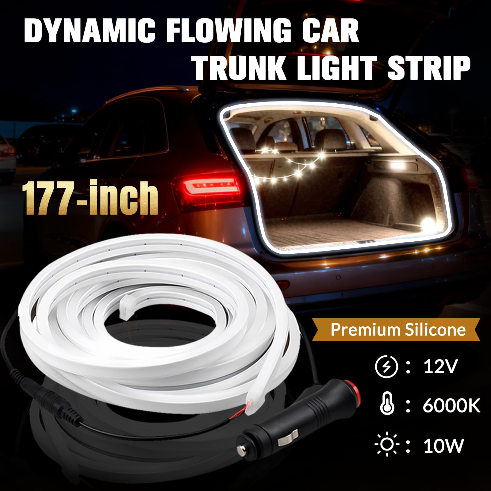 DIBMS Tira de Luz LED de Flujo Dinámico con Inducción Magnética de 177" para Maletero de Coche, Universal Flexible IP65 Impermeable Cortable de Silicona 12V Iluminación Ambiental Interior para Coches