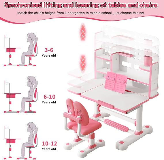 Upgraded Kids Study Desk and Chair Set, Height Adjustable Kids Table and Chairs, Children School Study Homework Desk with Tiltable Desktop & Bookshelf, Ideal Gifts for Boys Girls 8-12, Bedroom, Pink