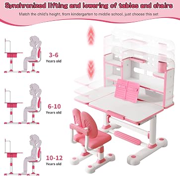 Upgraded Kids Study Desk and Chair Set, Height Adjustable Kids Table and Chairs, Children School Study Homework Desk with Tiltable Desktop & Bookshelf, Ideal Gifts for Boys Girls 8-12, Bedroom, Pink