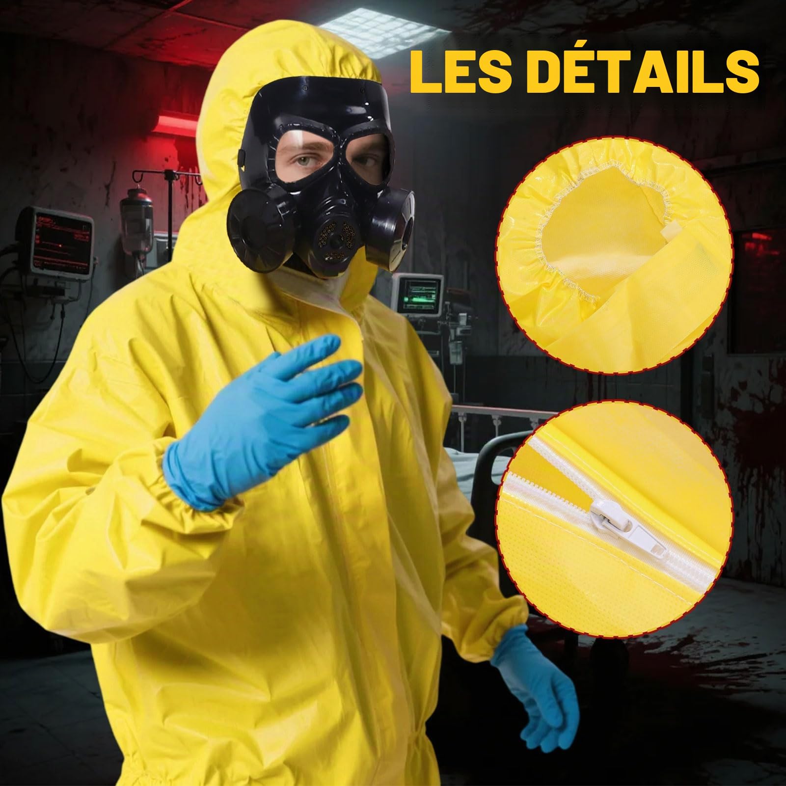 Costume d'Halloween Hazmat, combinaison jaune à capuche avec gants, masque et cordon pour déguisement, cosplay