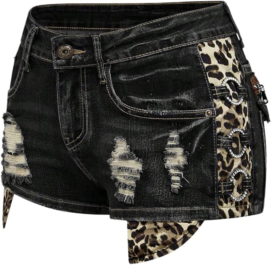 Verdusa Women's Y2K Jean Shorts Leopard Distressed Rave Club Going Out Outfits Denim Mini Shorts