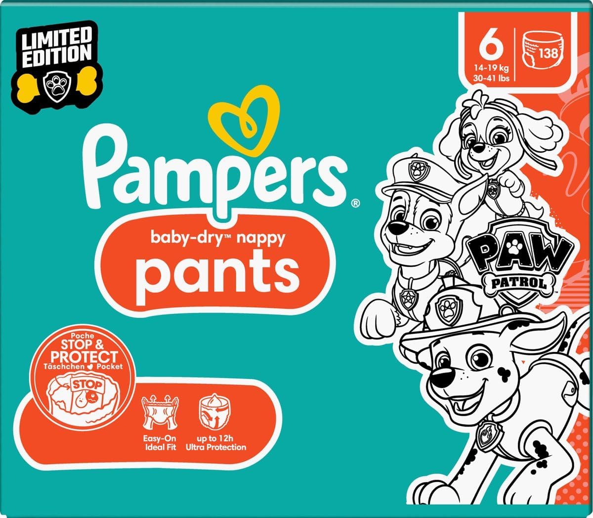 Pampers Baby-Dry Pants Paw Patrol Edition Size 6, 138 Nappies, 13 kg - 19 kg, 360° Fit with Stop and Protection System