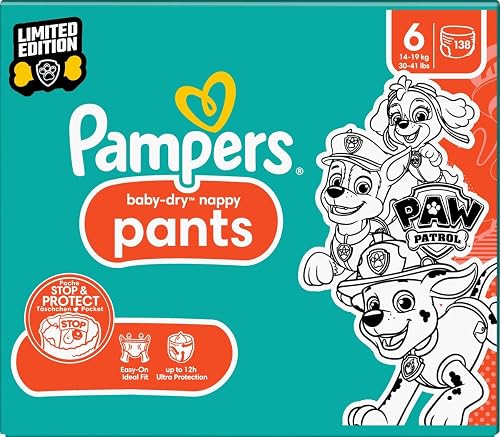 Pampers Baby-Dry Pants Paw Patrol Edition Size 6, 138 Nappies, 13 kg - 19 kg, 360° Fit with Stop and Protection System
