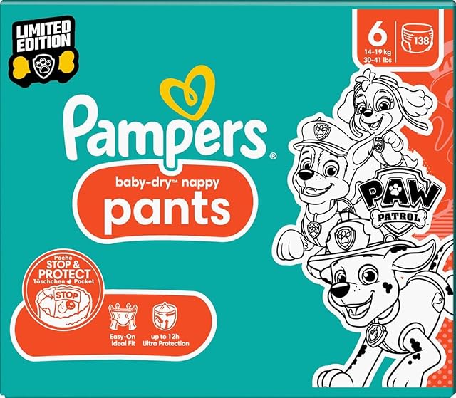Pampers Pieluchy Psi Patrol Pants rozmiar 6 (14-19 kg) Baby-Dry, ekstra duże, z kieszeniami zatrzymującymi i ochronnymi, miesięczne pudełko, 138 pieluch majteczkowych