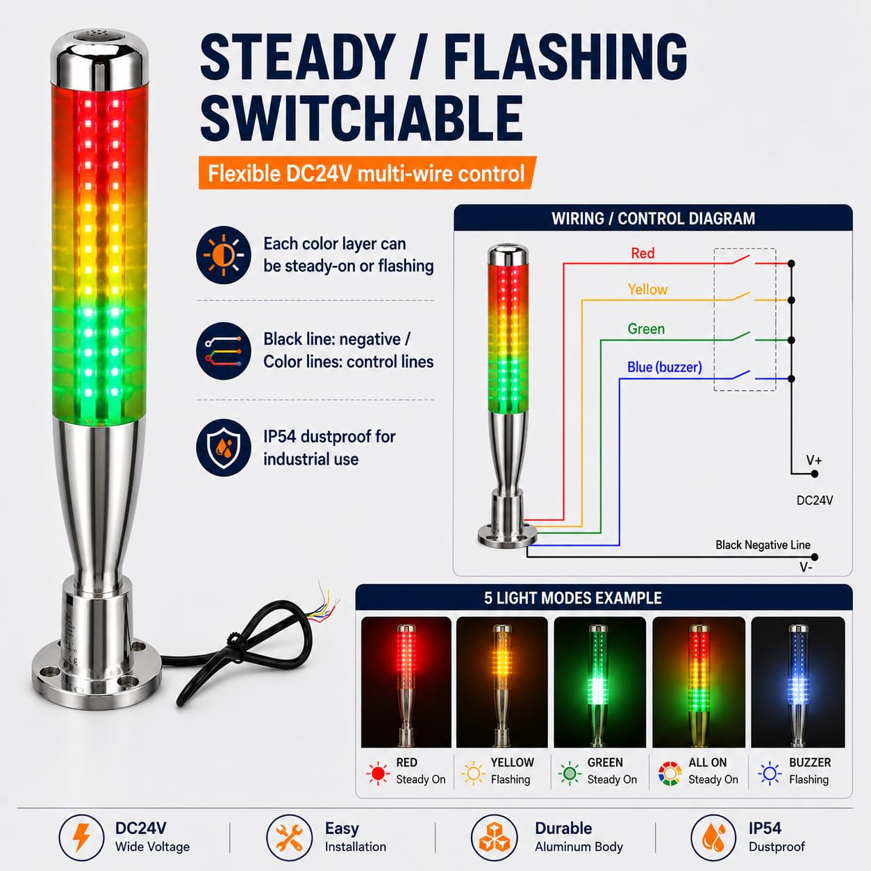 Luce a Torre Di Segnalazione Industriale, 3 Strati LED luce di segnalazione Con luce fissa/lampeggiante,Cicalino per Macchine, Lampada a Torre Colonna Luce Allarme Industriale della Torre del Segnal