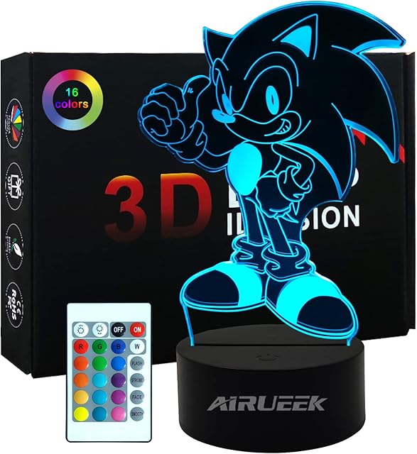 Sonic Toys Night Light 3D Illusion Lamp-16 Color Variations/1 Remote/1 Black Base/-Bedroom Decoration Creative Anime Sonic Hedgehog Gifts for Women Kids Boys Sonic Fans