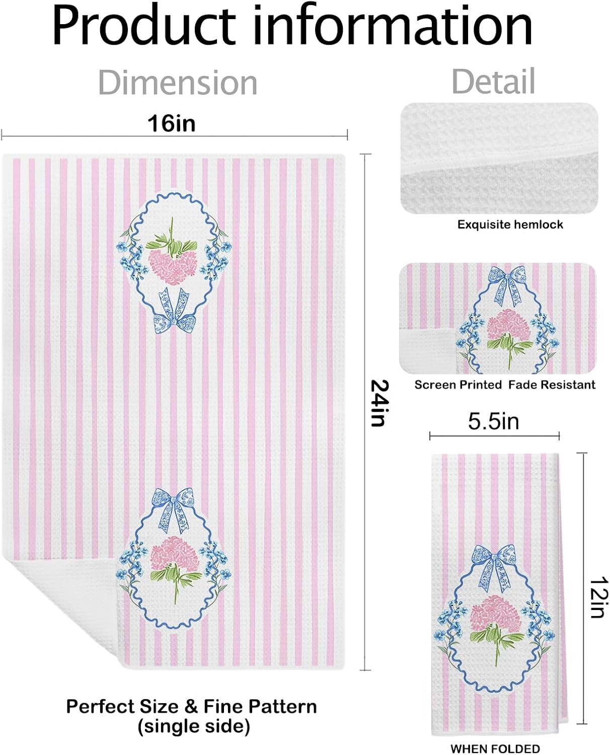 Pink and Blue Hydrangea Floral Kitchen Towels, Retro Grandmillennial Coquette Bow Hydrangea Flower Decorative Dish Hand Tea Towels for Bathroom Kitchen, 16x24 Inch Set of 2