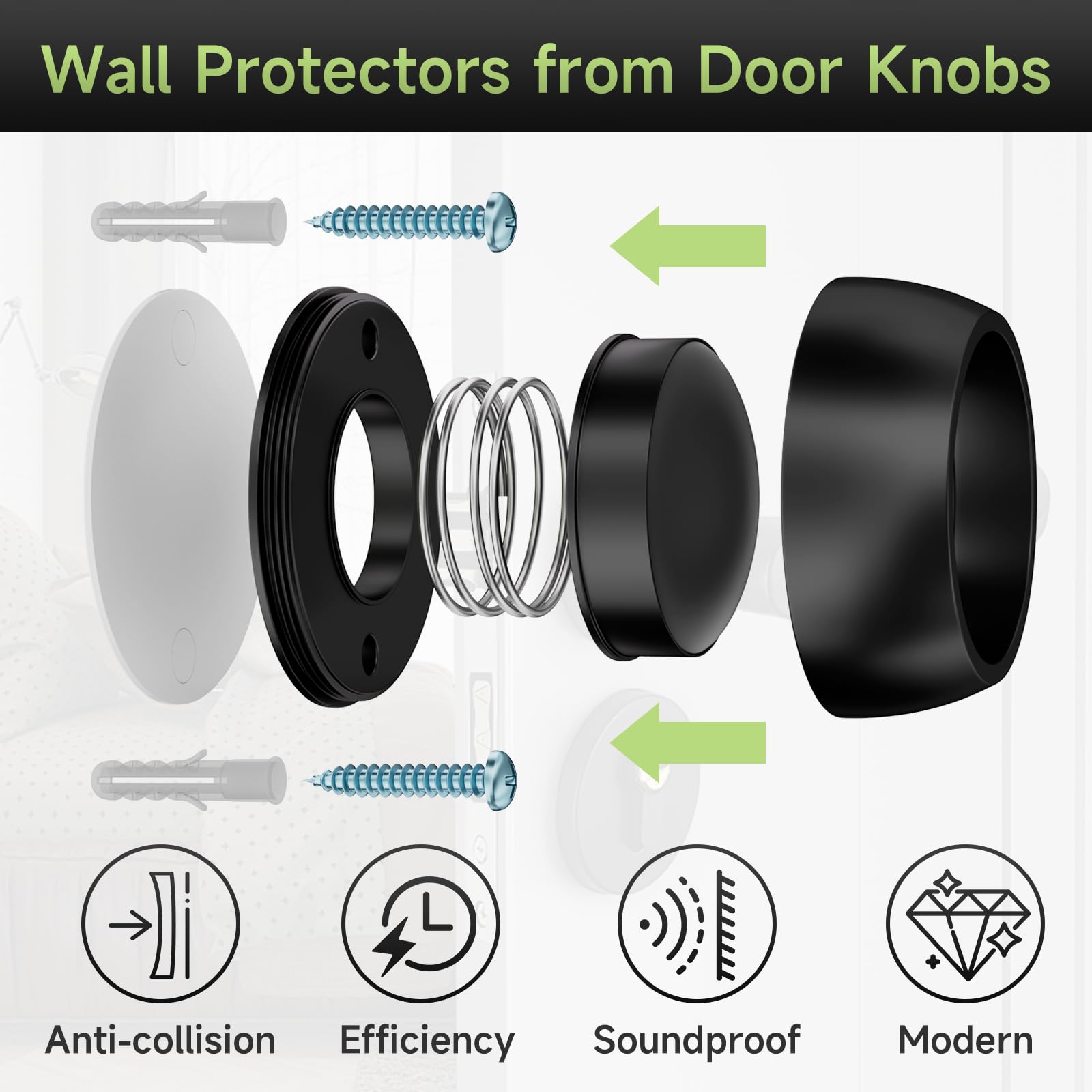 4 topes de puerta con cabezal de silicona, protector de pared de aluminio para pomo de puerta, tecnología de absorción de impactos de resorte, topes de puerta de 1.65 pulgadas para pared, instalación