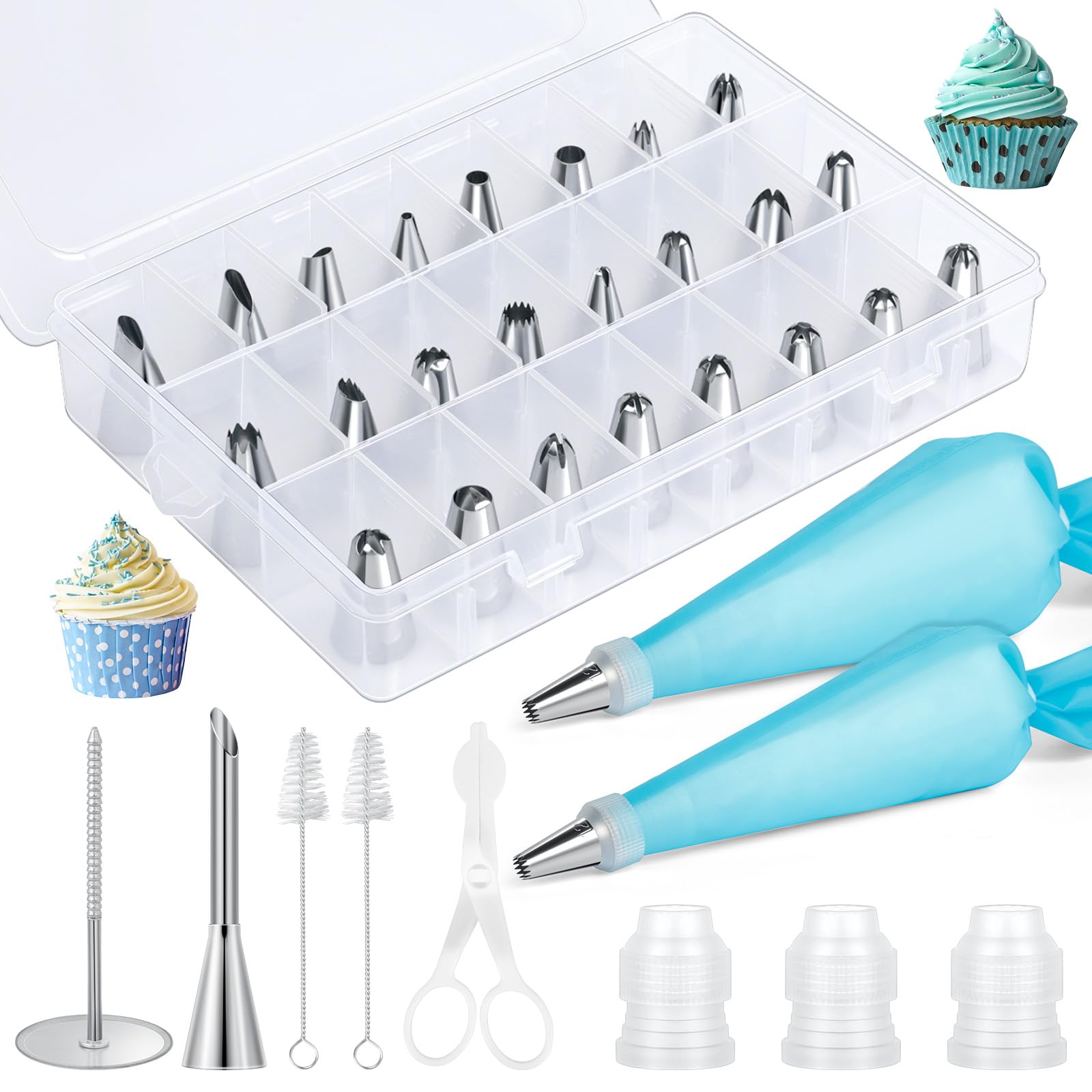 AiQInu Professional Piping Bags 34 Pcs, Reusable Washable Silicone Piping Bag, Pastry Bag for Sweets, Pastry Kit with Nozzles for Cakes Cupcakes Biscuits
