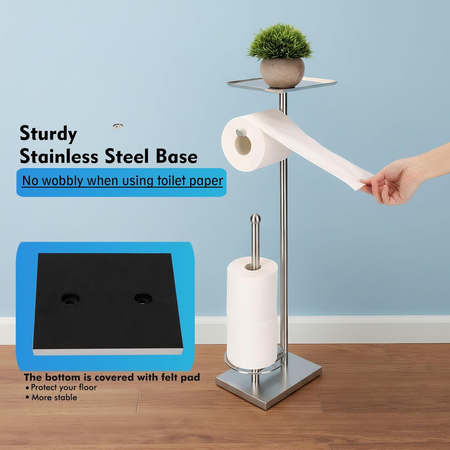 Toilet Paper Holder with Shelf, Toilet Paper Stand with Storage for Holding Extra 3 Rolls, Freestanding Toilet Paper Holder for Bathroom (Brushed Nickel with Metal Base)