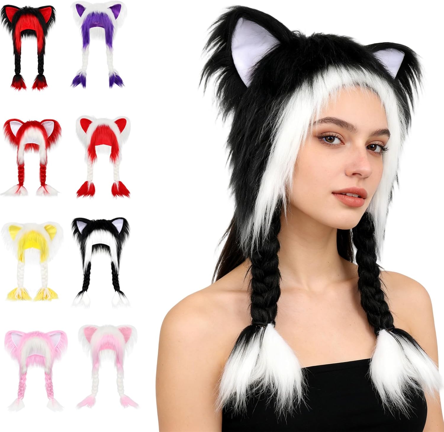 ふわふわの毛皮の動物耳帽子（編み込み付き）、キュートな角付き冬用帽子、コスプレや冬のパーティーに最適なファースーツ猫耳ヘッドウェア