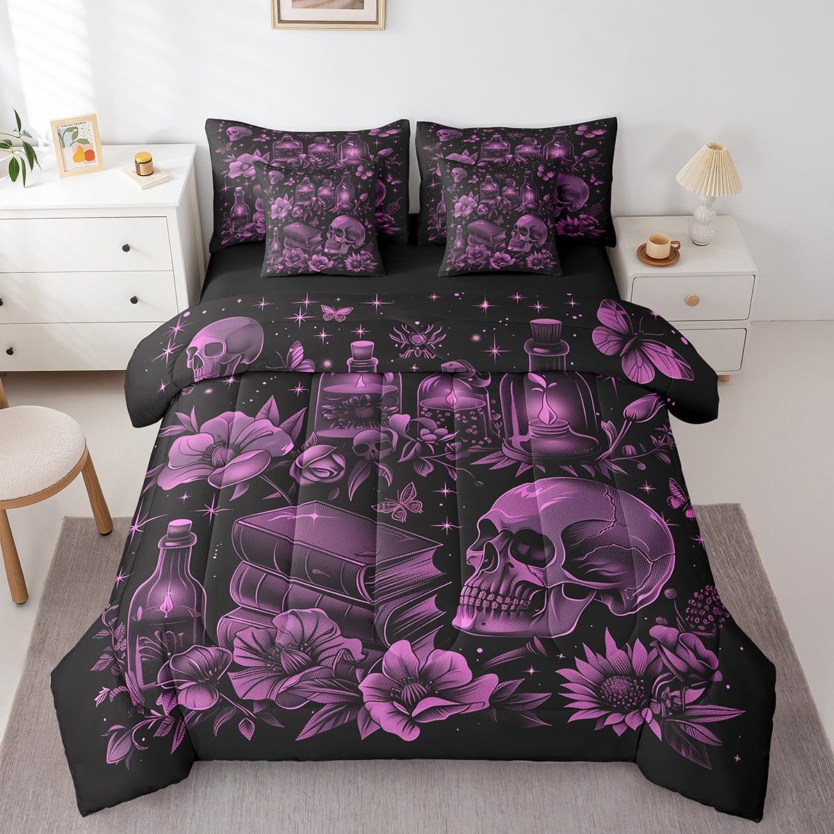 Feelyou Halloween Theme Sugar Skull Bed in a Bag Gothic Floral Comforter Set with Sheets - 7 Piece Bedding Set - Queen Size Reversible Bed Set