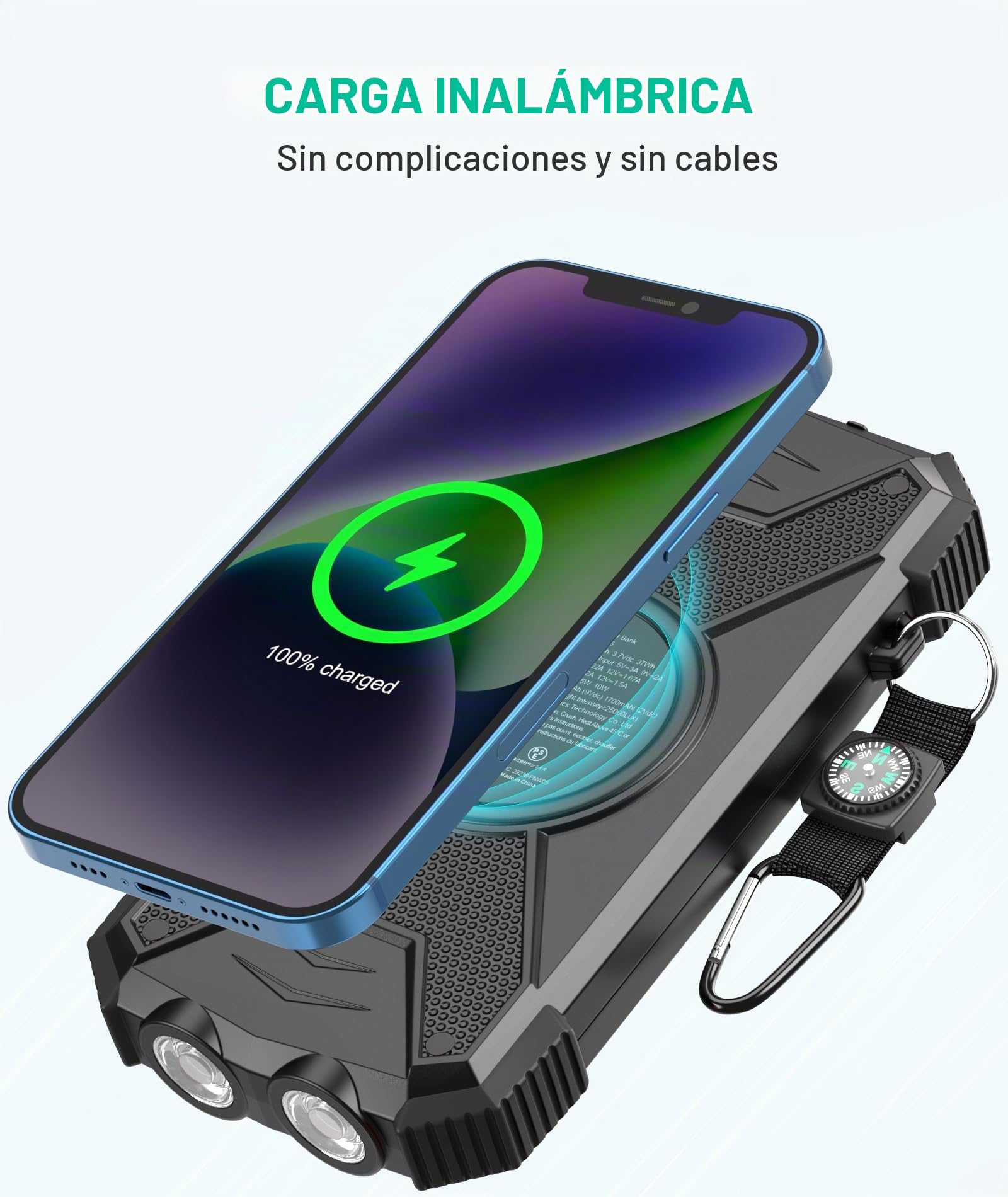 Solar Power Bank Cargador Solar 10000mAh, Banco de energía USB C portátil con Panel Solar Qi Carga rápida inalámbrica Batería de Camping Cargadores solares para teléfono móvil