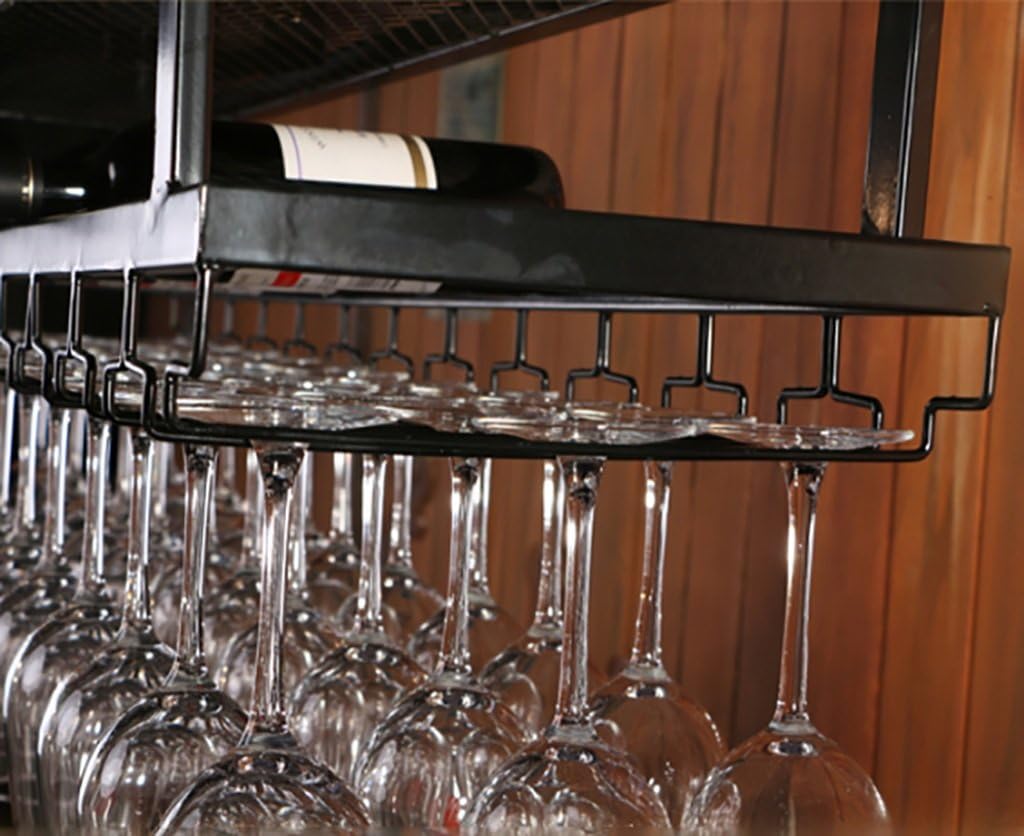 Elegant Black Metal Wine Glass Holder & Ceiling Wine Bottle Rack Stylish Storage for Red Wine Glasses & Bottles Perfect for Home Bar Décor and Space Saving Solutions.