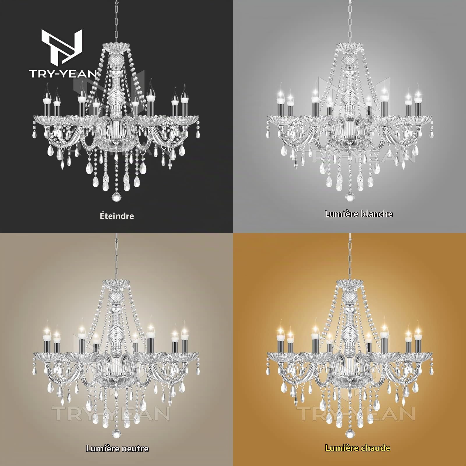 Luxueux Lustre à 8 bras Lustre Cristal Transparent Plafonnier Lampe à Suspension Verre Cristal K5 avec Chaîne Réglable Style Bougie E14 pour Chambre à Coucher, Salon, Salle à Manger, Couloir