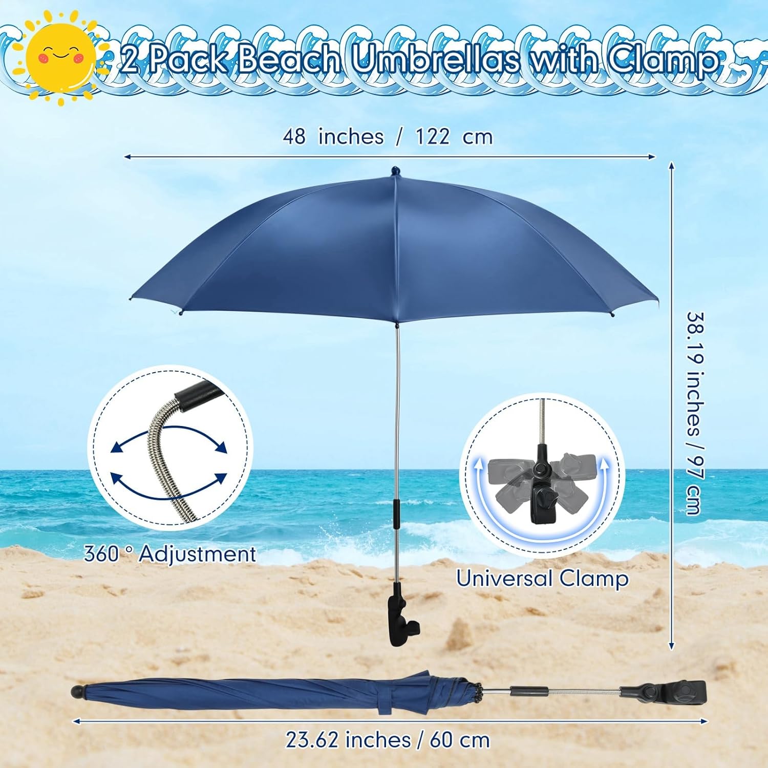 2 Pack Beach Umbrellas with Clamp 48 Inch Adjustable Umbrella 360° Universal Clamp Summer Beach Sunshade for Sand Patio Yard Camping Strollers Wheelchair, Chair Not Included(Deep Blue)