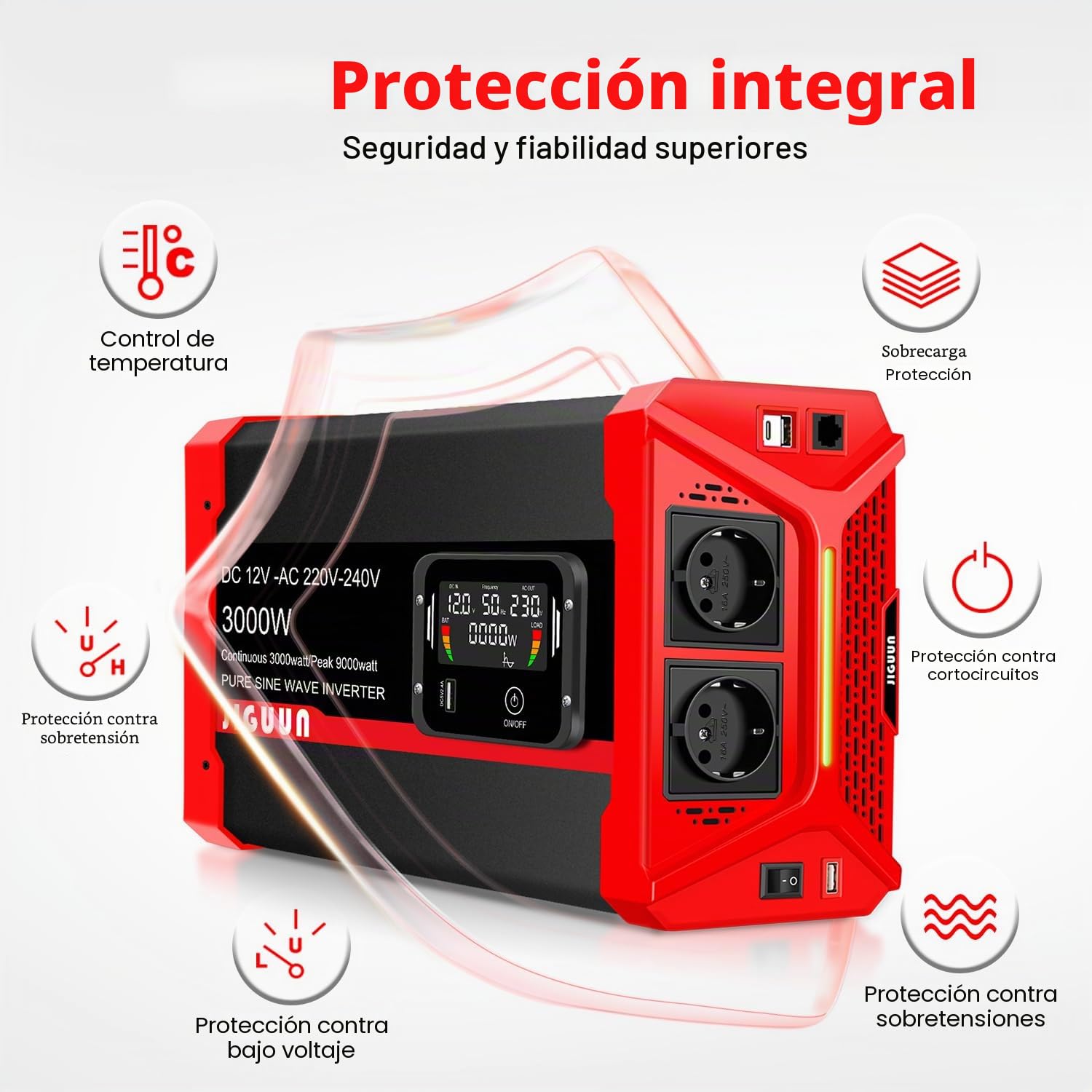 JIGUUN 3000W/9000W Inversor 12V 220V Onda Pura Convertidor Inverter con 2 Tomas EU y 3 Puertos USB y Tycp-C, Adecuado para Autocaravana, Camiones, Camping, Sistemas Fuera de la Red y más