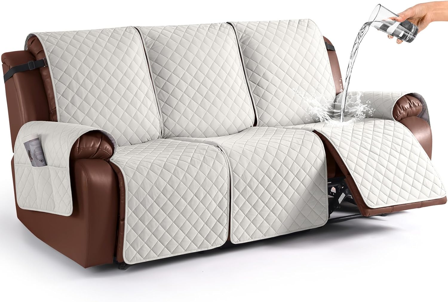 KinCam 100% Waterproof Recliner Sofa Covers, Non-Slip Reclining Couch Covers for 3 Seat, Recliner Couch Cover Furniture Protector with Elastic Straps for Pets, Kids, Beige White Beige 3 Seater