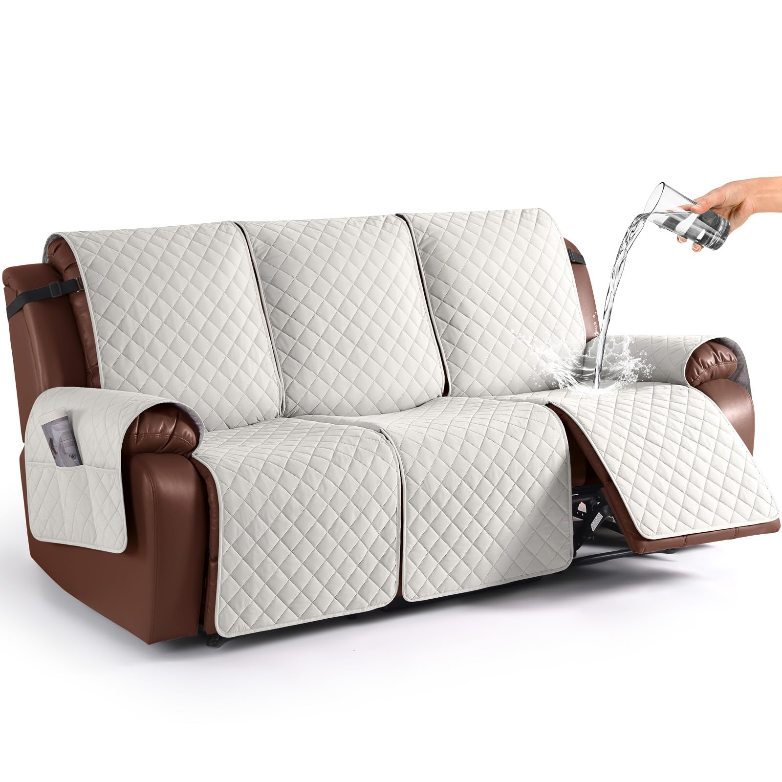 KinCam 100% Waterproof Recliner Sofa Covers, Non-slip Reclining Couch Covers for 3 Seat, Recliner Couch Cover Furniture Protector with Elastic Straps for Pets, Kids, Beige White