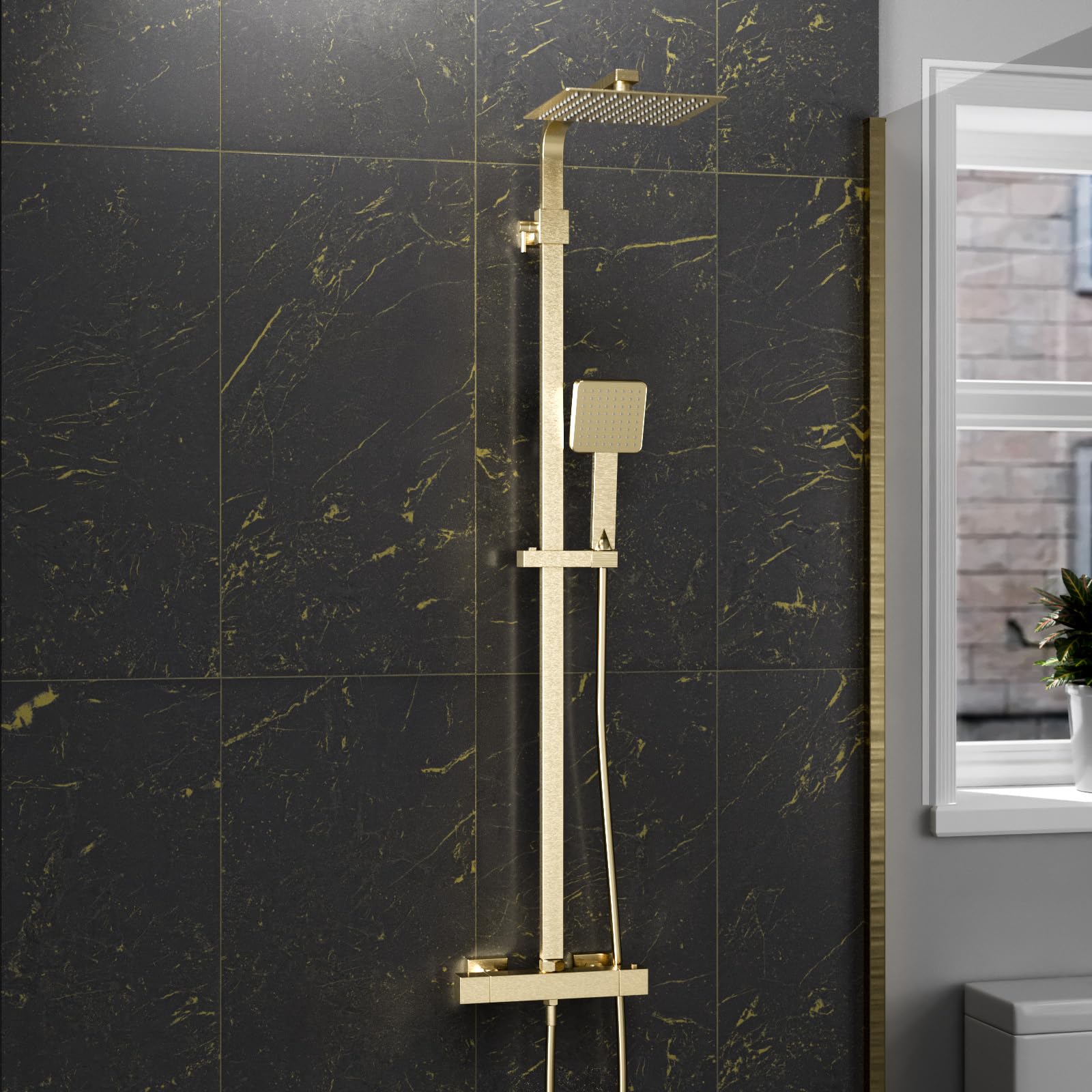 Nes Home Brushed Brass Square Exposed Thermostatic Shower Kit from B&Q