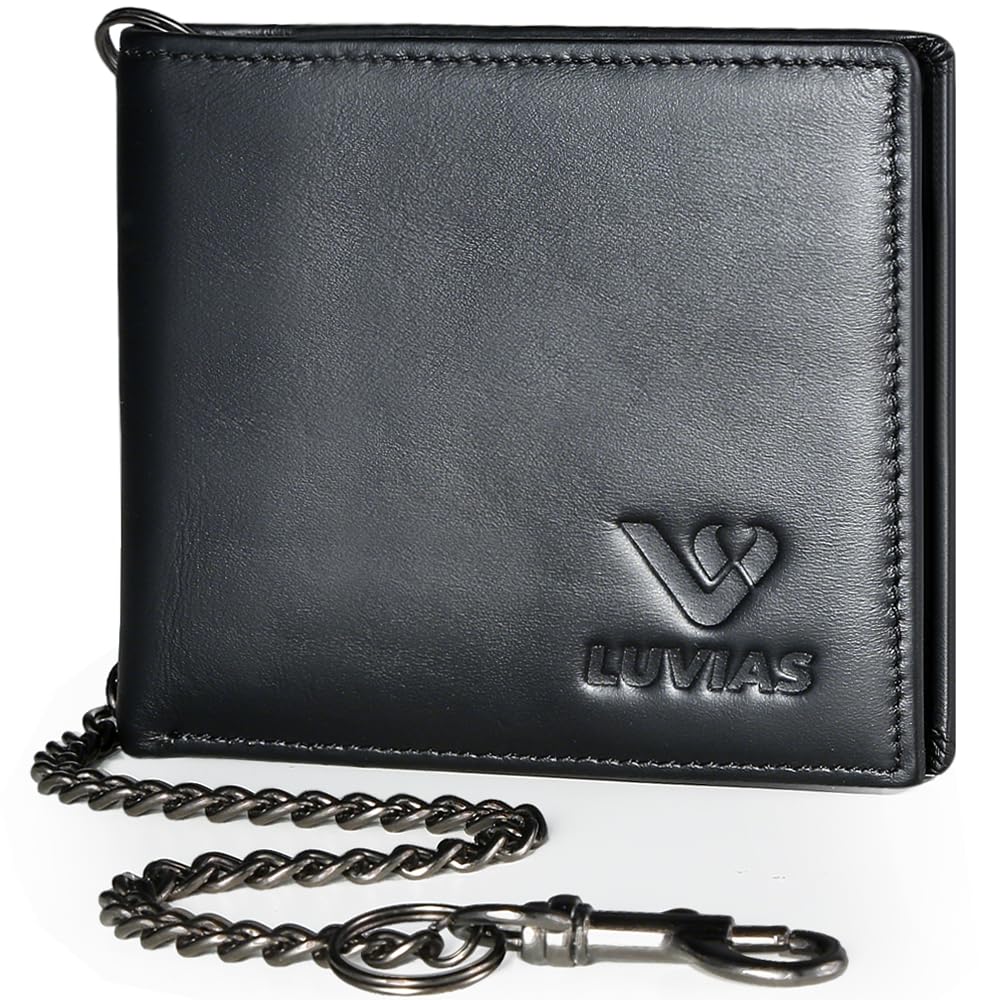 V LUVIAS Mens Wallet with Chain RFID Blocking Genuine Leather Bifold RFID Blocking with ID Windows Card Holder Wallet with Gift Box