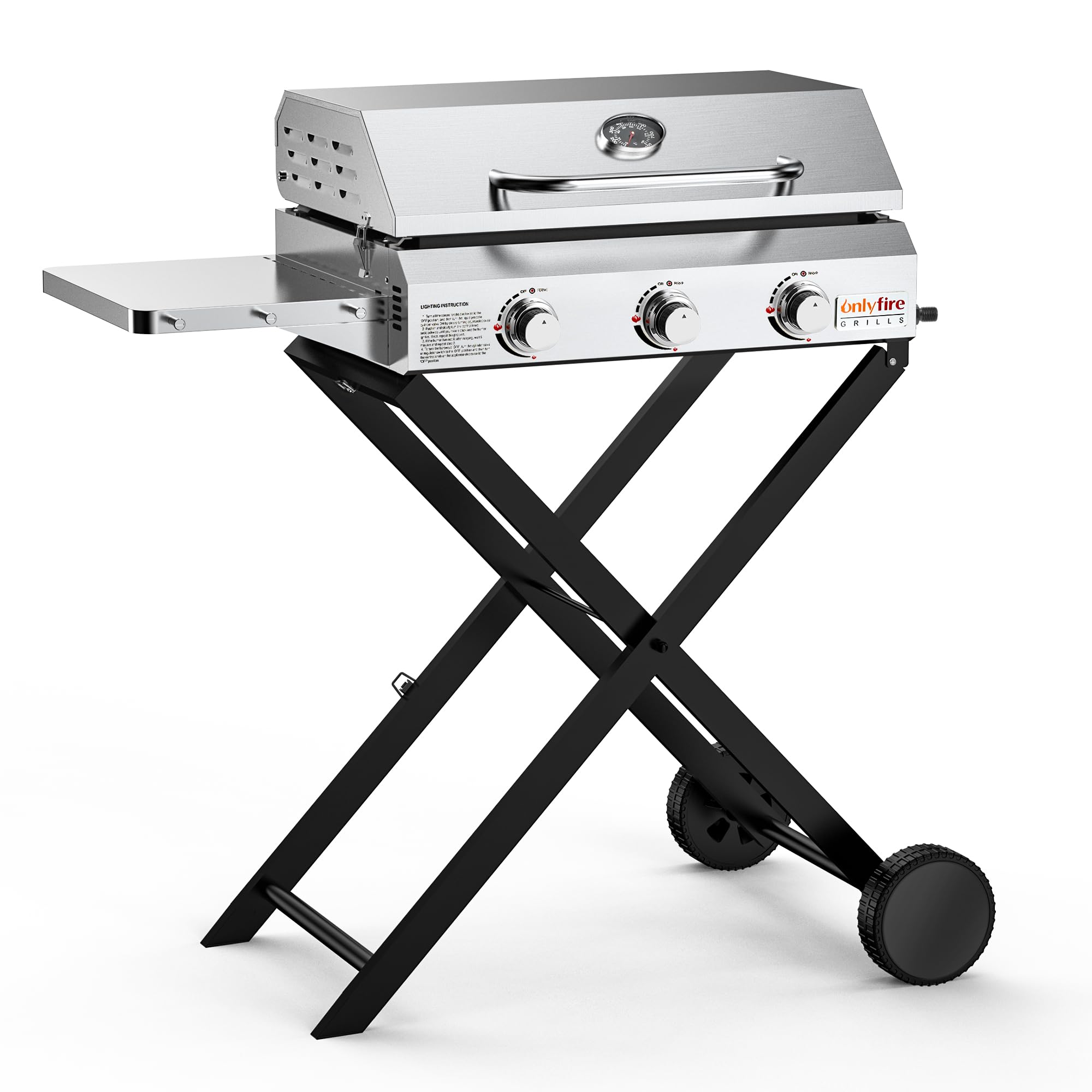 onlyfire Plancha à Gaz en Inox sur Chariot, 3 Brûleurs 7 kW | avec Couvercle et Thermomètre, Plaque 57 × 36 cm en Céramique Antiadhésive, Tablettes Latérales