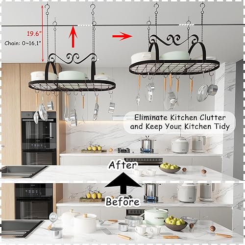 Miniatura 5 de Estante colgante para ollas, soporte de techo de metal de 33 pulgadas con 15 ganchos en S, estante de almacenamiento ovalado para ollas y sartenes,