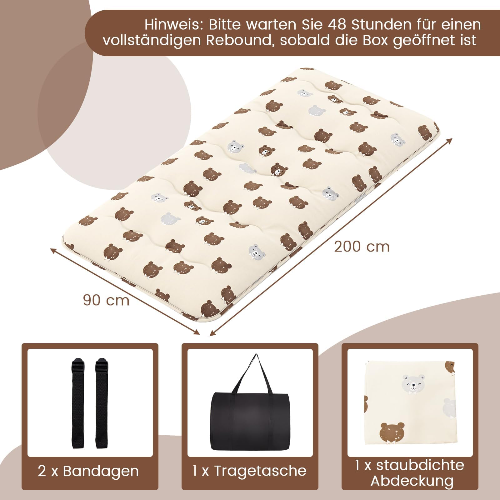 FANTASK Tappeto Tatami con rivestimento lavabile, materasso giapponese Futon da pavimento, pieghevole, con borsa per il trasporto, 90 x 200 cm (orso marrone)