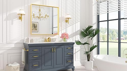 Miniatura 238 de Keonjinn Espejo de baño dorado de 48 x 36 pulgadas, espejo rectangular con marco de metal dorado cepillado, espejo de pared grande rectangular