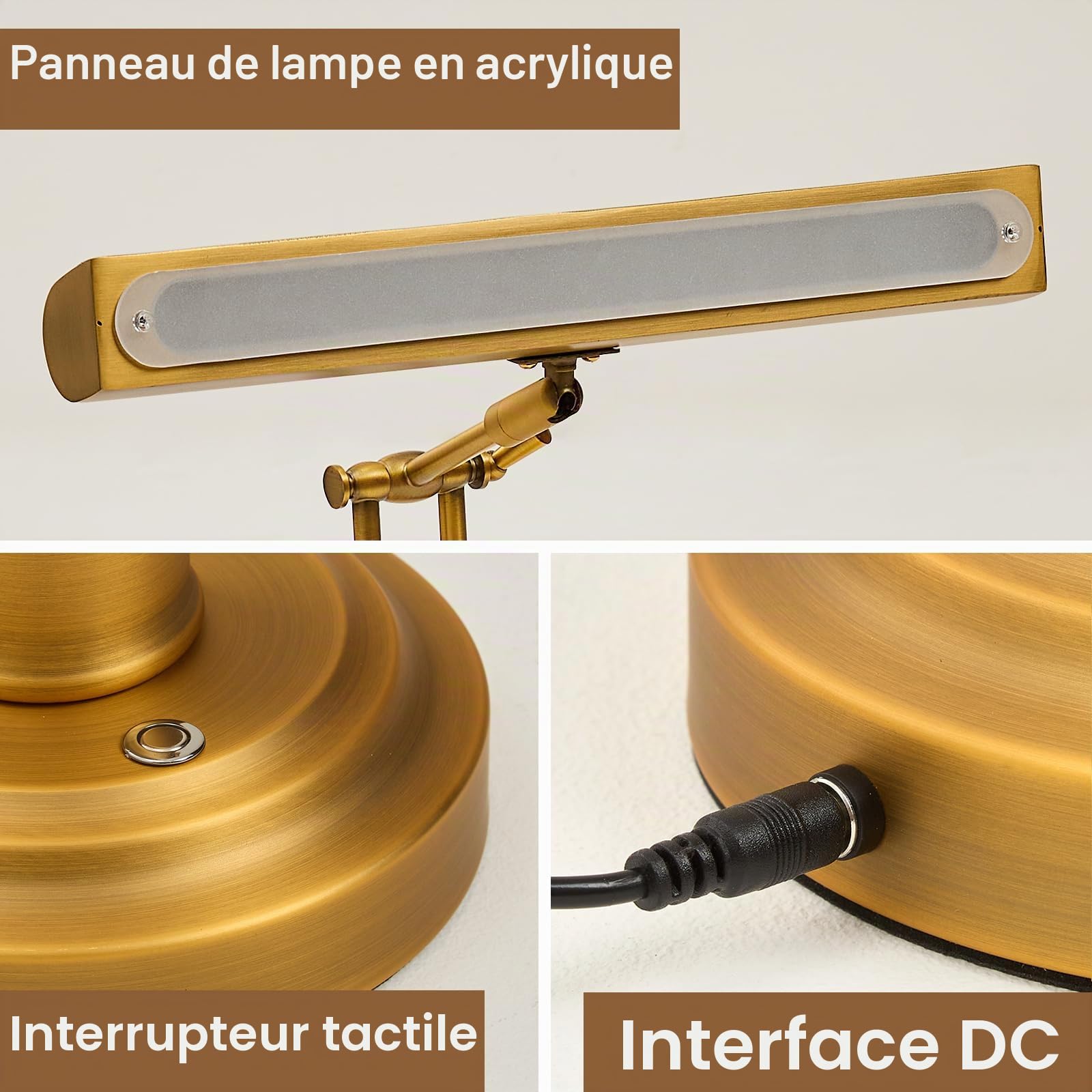 Lampe Piano LED CRI95+ Double Bras Réglable Tactile, Dimmable 3 Températures 3000K-6000K, Bronze Laiton Vieilli pour Piano Pupitre Bureau Salon