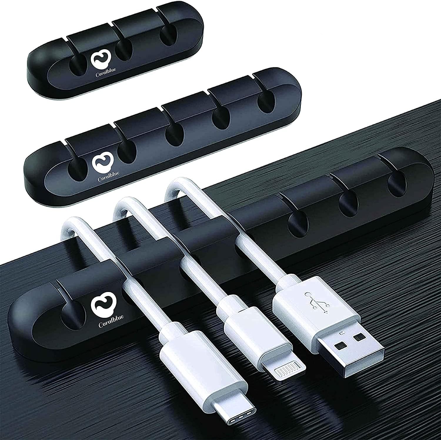 Coralblue - 3 Pieces Cable Management Clips for Power Cord USB Cable TV Cable PC Home and Office Desktop Cable (3 5 or 7 Black Cables)(New Model)