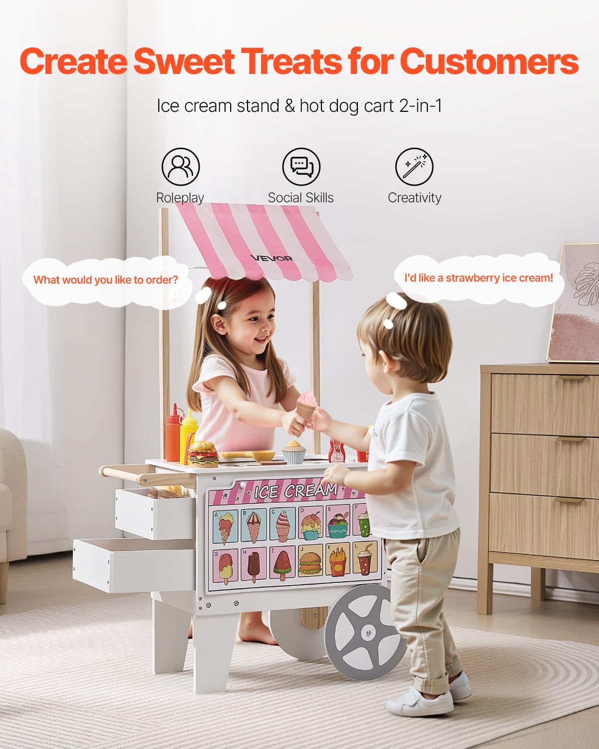 VEVOR Ice Cream Cart for Kids, 20+ PCS Accessories, Pretend Play Ice Cream Shop Kitchen Food Toys with Ice Cream Cone & Popsicle, Awning & Freezer, Storage Drawers & Flipping Menus, for Kids Aged 3-7