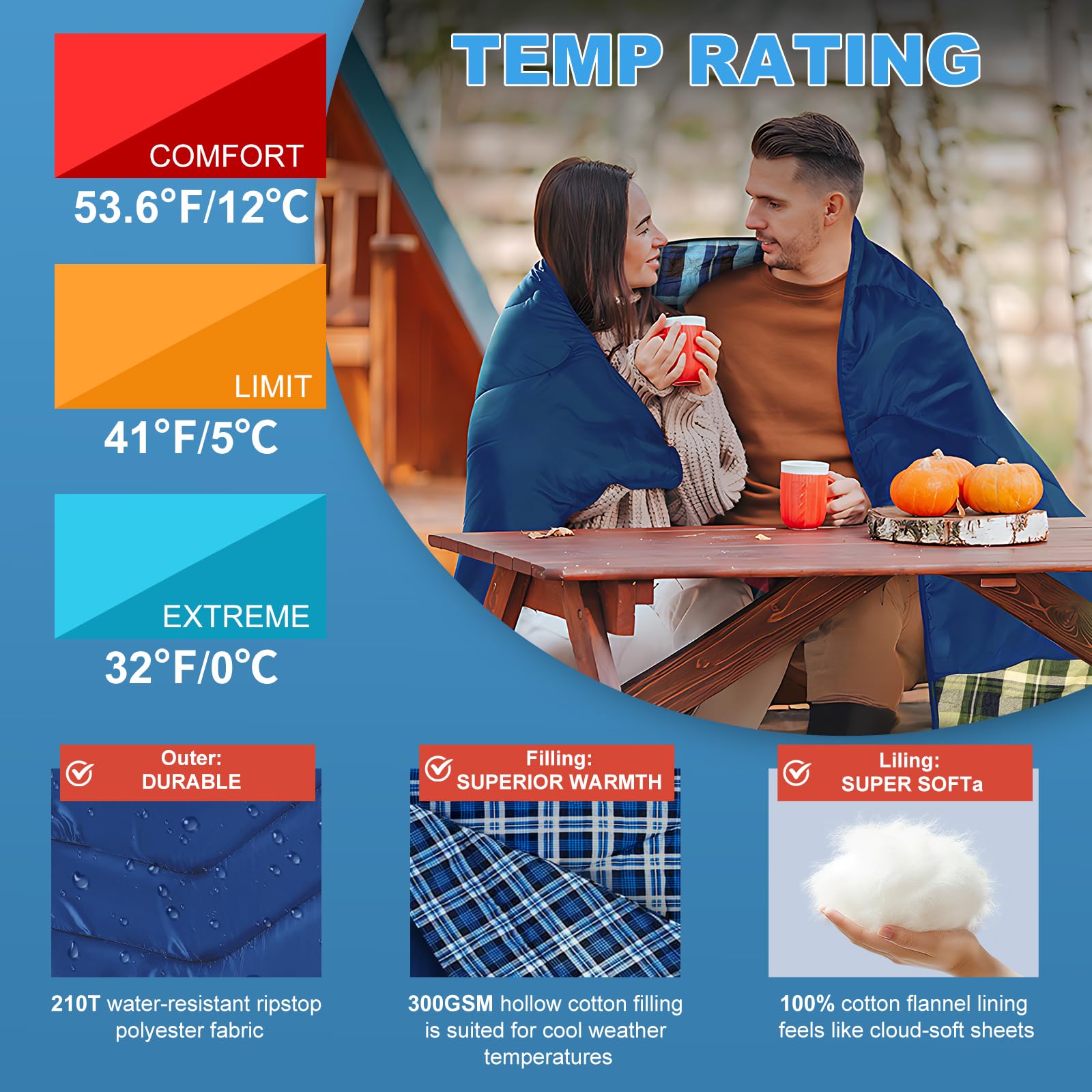 Double Sleeping Bag for Adults Camping, XL Queen Size 2 Person Cotton Flannel Sleeping Bags for All Season Hiking Backpacking, Lightweight Waterproof for Cold Weather & Warm