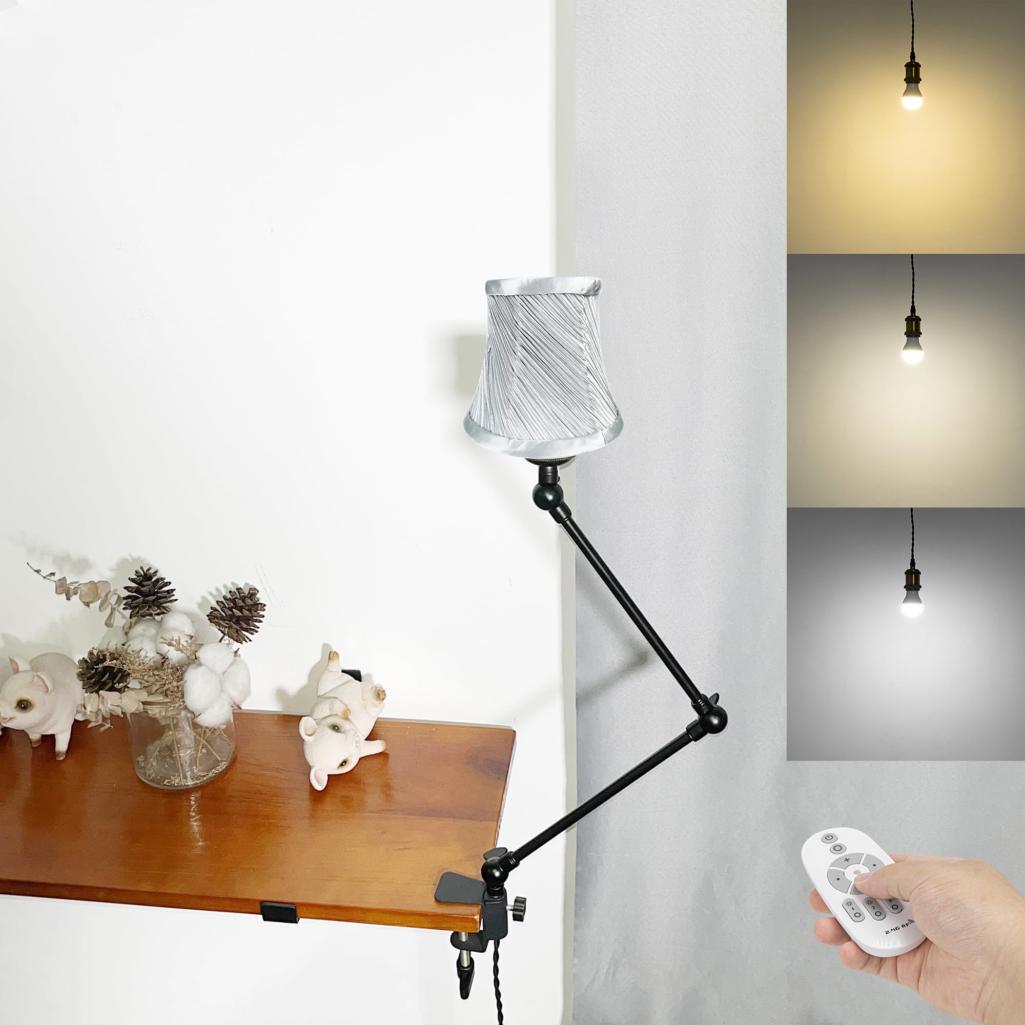 Klemmleuchte mit Fernsteuerung,1 Packung Leselampe mit 2,5 m Kabel, Dimmbar Nachttischlampe,Augenpflege Schreibtischlampe für Büro Heimgebrauch, E27 Lampenhalterung - DZ0330/12