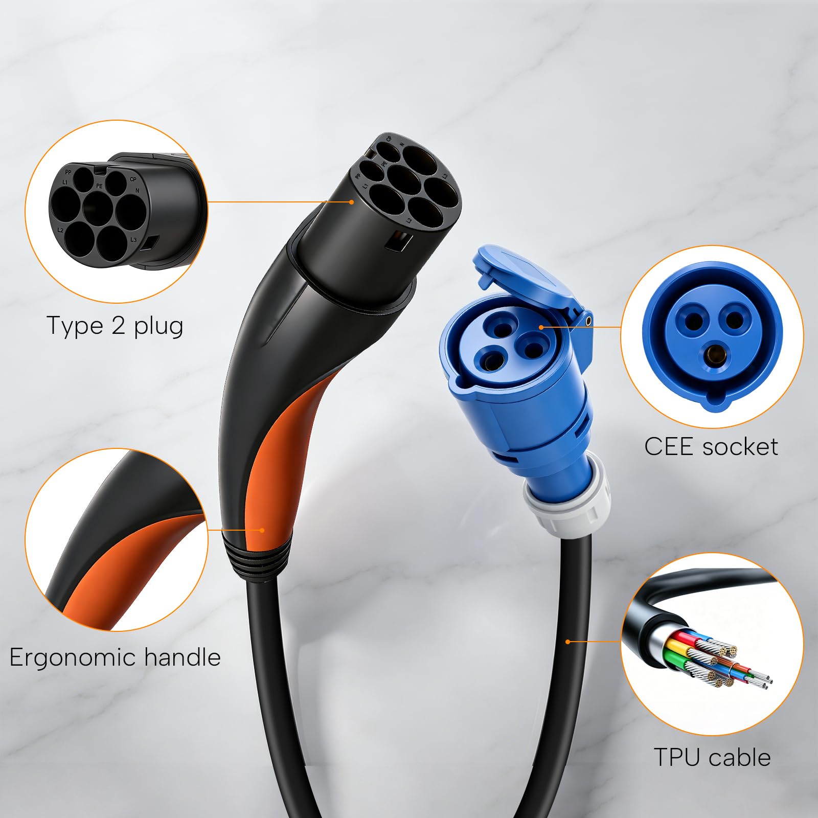 Adapter typu 2 na CEE, maks. 16 A, 3 m, kabel typu 2 na CEE do stacji ładowania lub Wallbox