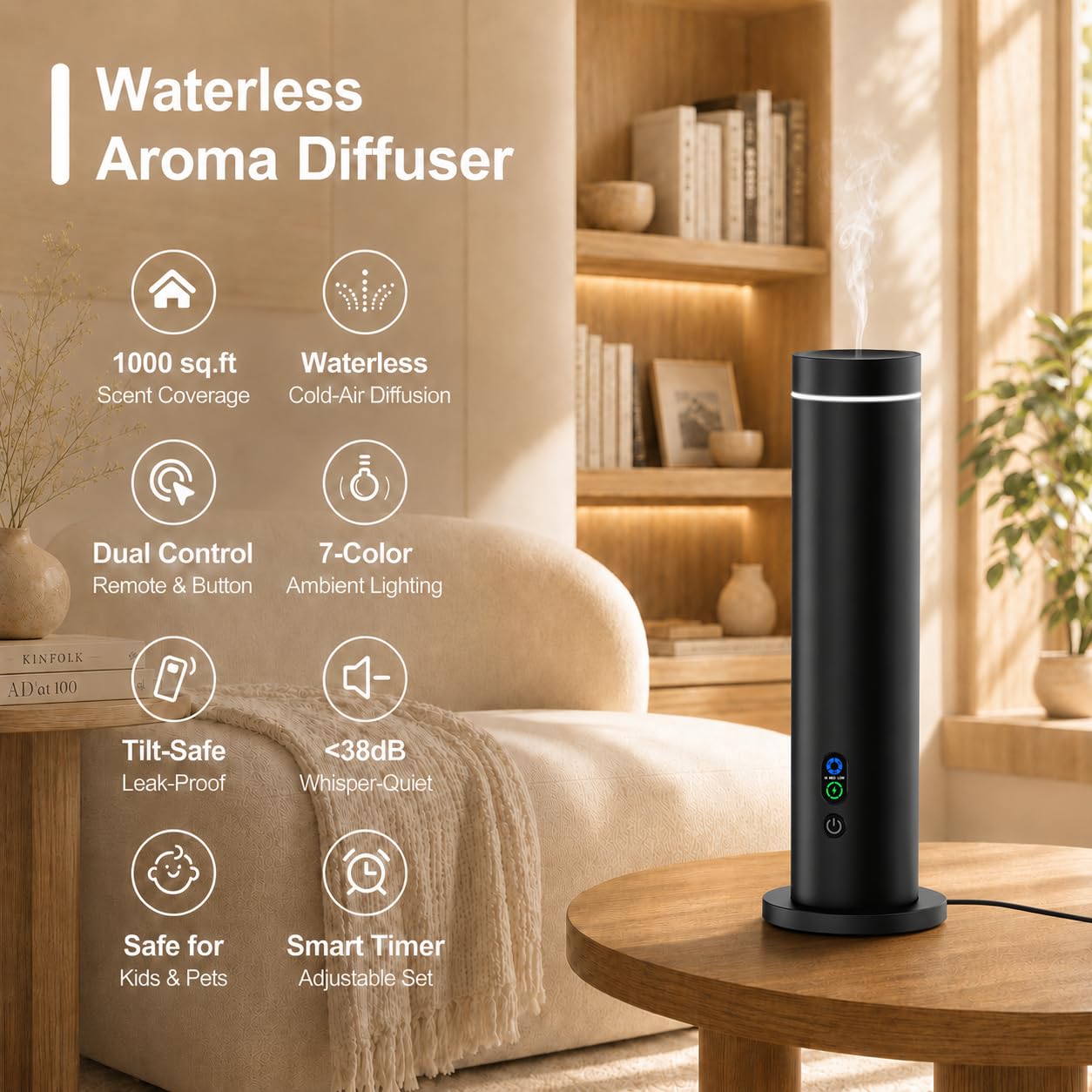 Maromalife Difusor sin agua, cobertura de 1000 pies cuadrados, difusor de aceite esencial con control remoto, modo de niebla ajustable, difusor de aromaterapia con luces de estado de ánimo, color
