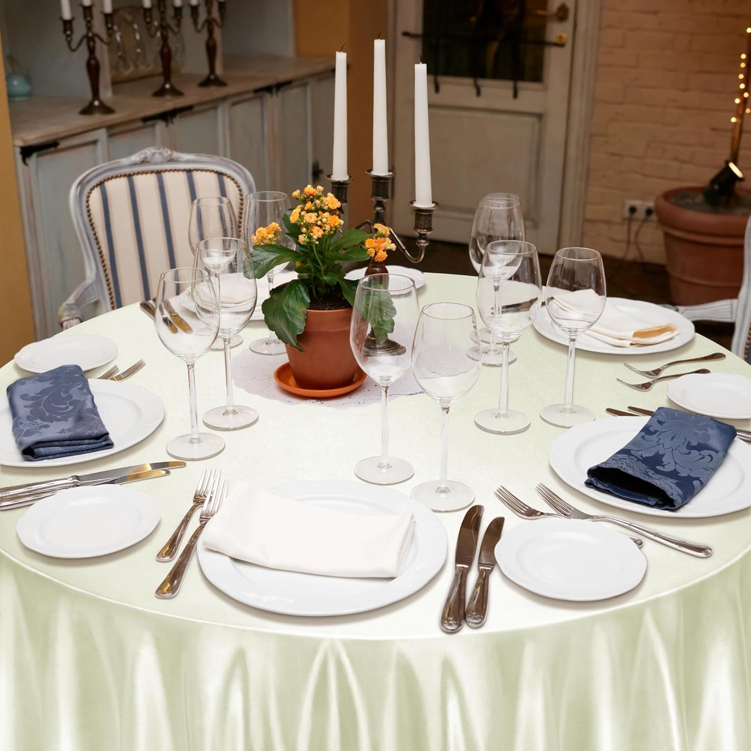 Ruisita 120 Inches Round Satin Tablecloths Ivory Overlay Round Satin Table Cover Bright Silk Smooth Fabric Tablecloth for Wedding Banquet Tables Decoration - Image 7
