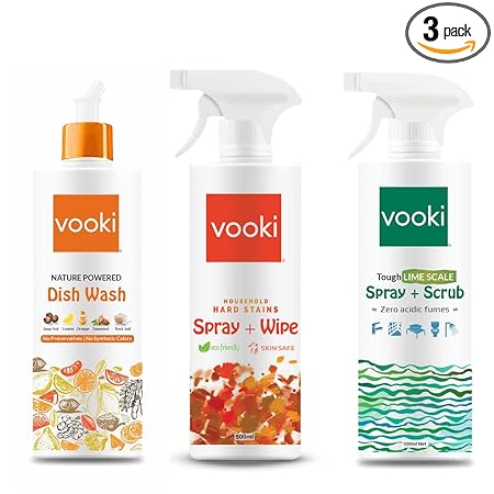 Vooki Nature Powered Natural Dish Wash Gel, Ecofriendly Hard Stains Spray and Tough Lime Scale Stain Descaler Remover Spray, 500 Ml Each - (Combo Pack of 3)