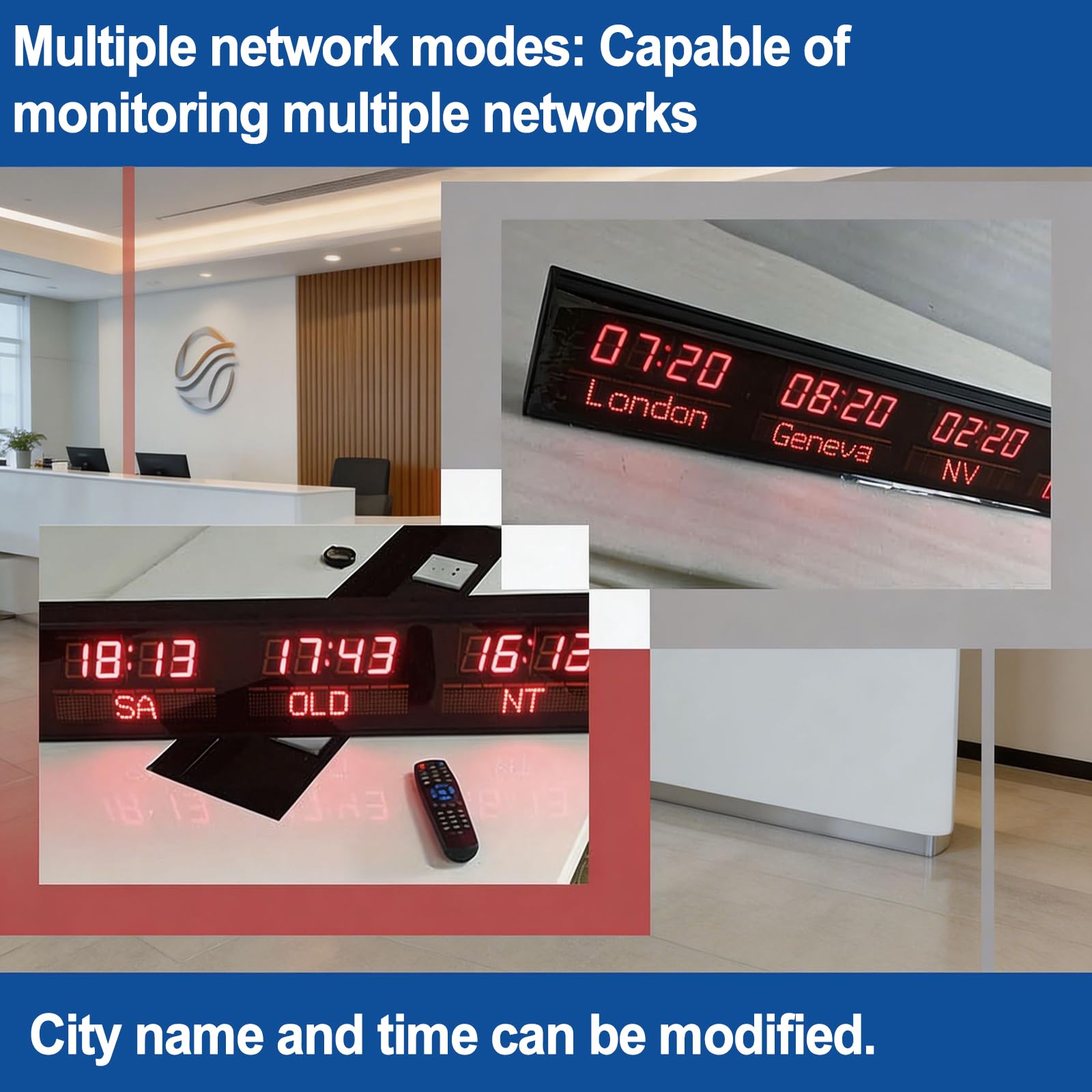 MObyat Orologio Mondiale Digitale a 5 Fusi Orari, Orologio Mondiale LED Digitale Grande, Città di Fuso Orario Modificabili, Luminosità Regolabile in 3 Livelli, Design a Parete, per Aziende E Hotel