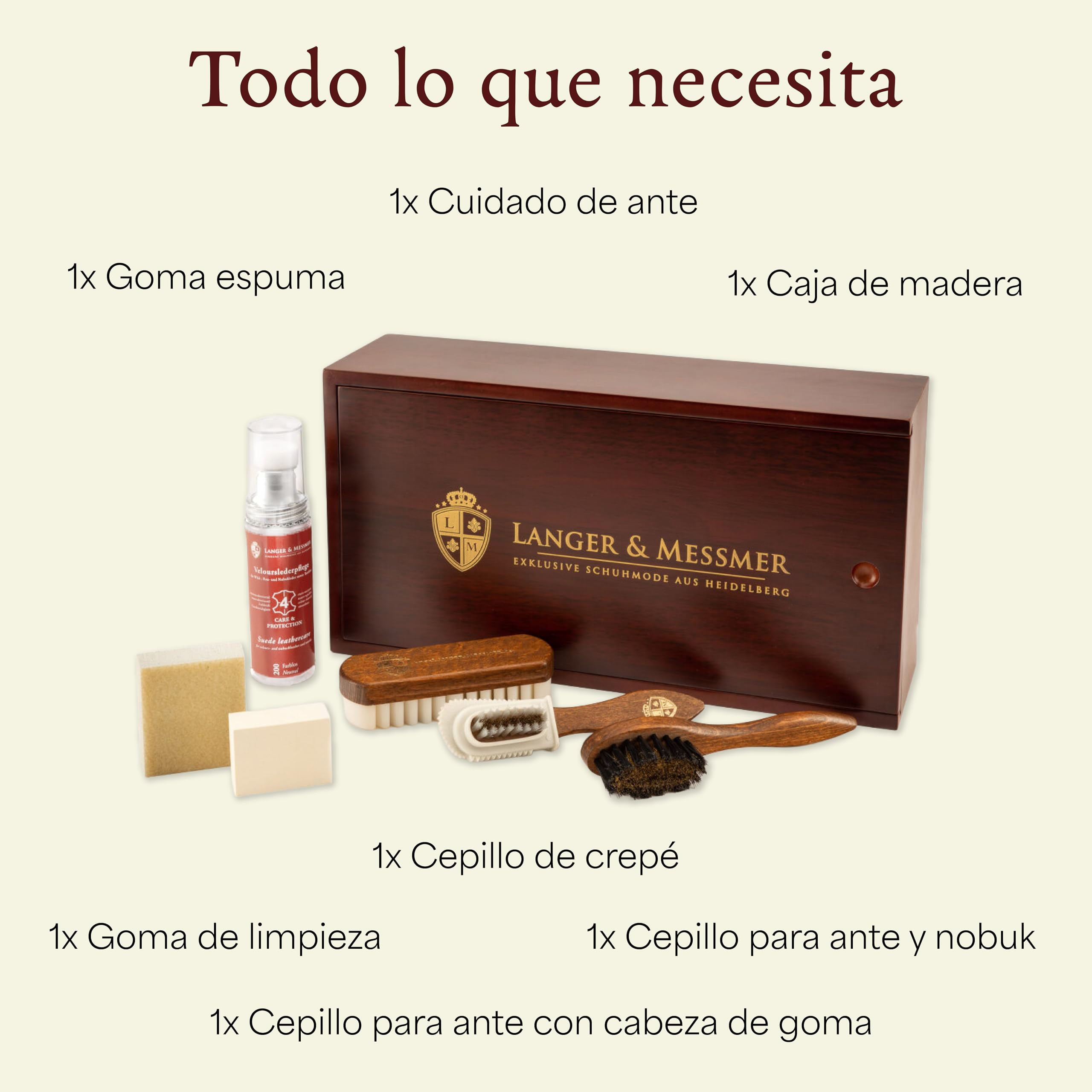 Langer & Messmer caja limpieza zapatos de alta calidad sin contenido o con set de cuidado de varias piezas con cremas para el cuidado, cepillos para zapatos y paños de algodón modelo Mannheim
