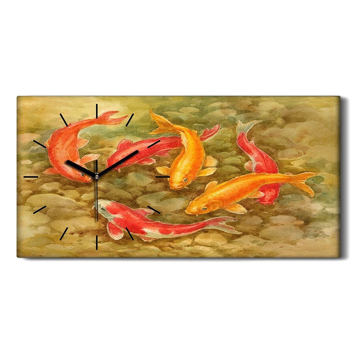 Horloge sur Toile Poisson Aquarelle 60x30cm Mains Noires pour Salon