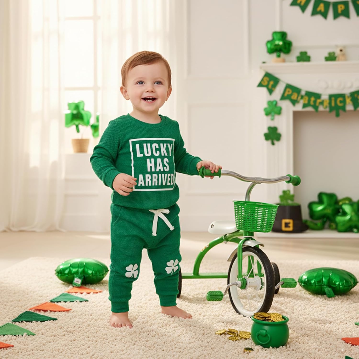 Douhoow Baby Boy St Patricks Day Outfit Infant Boy Girl My 1st St Patricks Embroidered Baby Sweatshirt Romper Pants Set - Image 7