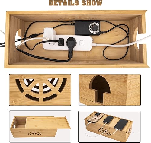 Miniatura 3 de Caja de organización de cables, caja organizadora de cables, caja organizadora de cables de bambú para escritorio, computadora, USB, detrás de TV,
