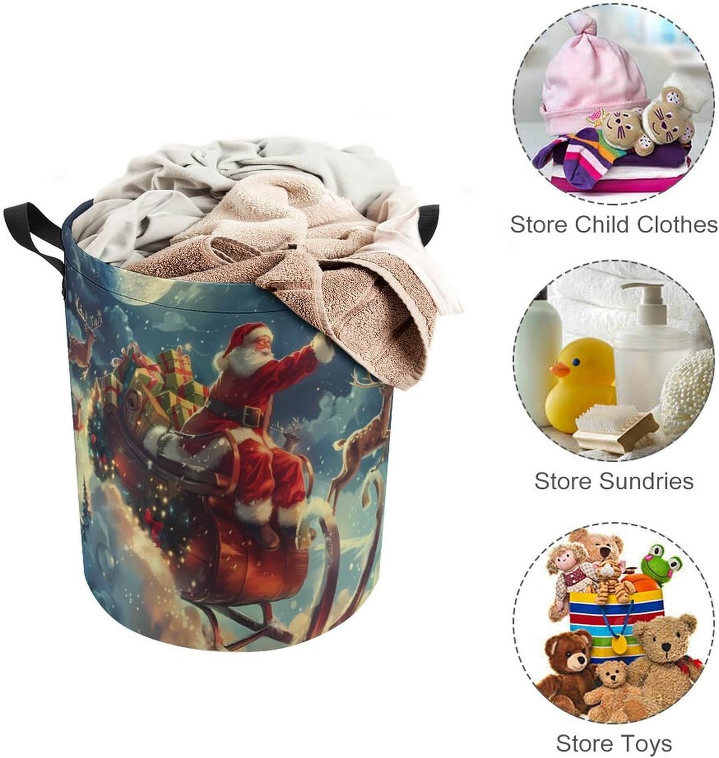 Christmas Claus Laundry Basket Dirty Clothes Hamper Storage Laundry Bag with Handles for Dorm Room 44x44cm