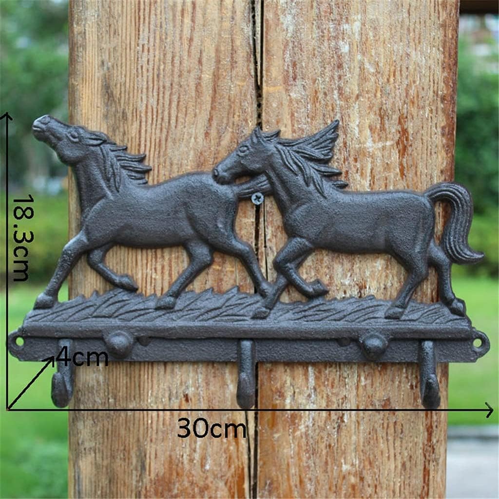 Black Two Running Horses Cast Iron Wall Hook with Three Hangers Home Garden Wall Decor Metal Animal Figurine Wall Hook