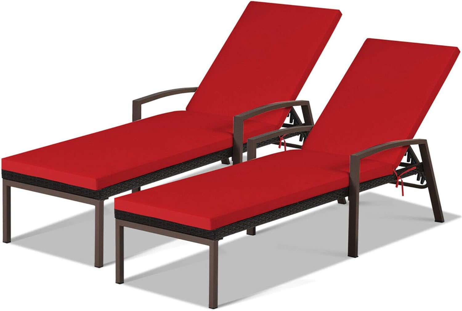 DORTALA Set of 2 Patio Chaise Lounge, Outdoor Wicker Rattan Chaise with Adjustable Backrest and Armrest for Beach Pool Yard, Rattan Sun Lounger with Padded Cushion, Red